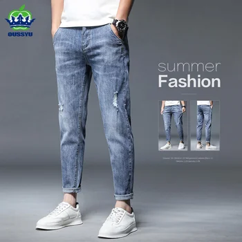 Kõrge Kvaliteedi Brändi Suvel Venitada Puuvill Auk Meeste Pahkluu Pikkusega Teksad Õhuke Streetwear Design Denim Püksid Korea Vabaaja Püksid Pilt