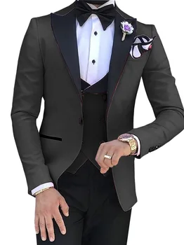 Must/Valge/Beež Meeste Ülikond 3 tükki Slim Fit V Kaela Täkiline Rinnamikrofon Smoking Groomsmen Meeste Ülikonnad, mis on mõeldud Pulm (Jope+Pant+Vest) Pilt