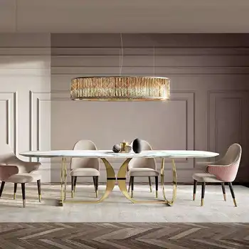Itaalia kuld roostevabast terasest pulm dinning tabelite komplekti luksus 6 toolid kaasaegne marmor söögilaud komplekt Pilt