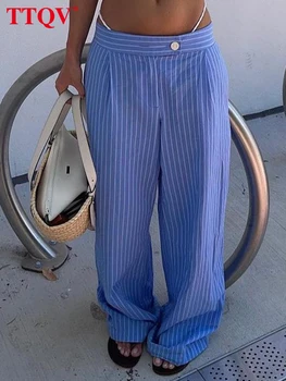 TTQV Elegantne Sinine Triibuline Printimine Naiste Püksid 2023 Mood Madal Waisted Pikad Püksid Sügis-Casual-Nupp Täies Pikkuses Püksid Pilt
