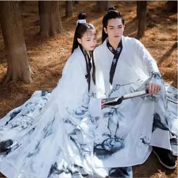 Paarid Hanfu Hiina Iidse Traditsiooni Kleit Fantasia Täiskasvanud Cosplay Kostüüm Pool Komplekt Valge Hanfu Meeste&Naiste Pluss Suurus Pilt
