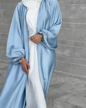 Moslemi Mood Riided Naiste Dubai Araabia Puhvis Varrukad Lace Up Ramadan Kleit Elegantne Talje Sulgemise Rüü Türkiye Cardigan Rüü Pilt
