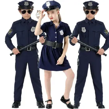 Tüdrukud Ja Poisid Politsei Kostüümid Ohvitser Kleidid Lastele Halloweeni Karneval Politsei Cosplay Sinine Staadiumis Täitmiseks Kostüüm Komplekt Pilt