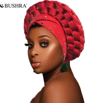 BUSHRA Reguleeritav Headscarf Aafrika Turbans Mütsid Naiste Nigeeria Auto Gele Headtie Teemant Pulm Pea Wrapid Plain Hijab 2022 Pilt