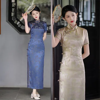 Vintage Jacquard Satiin Qipao Elegantne Lühike Varrukas Hiina Naiste Chongsam Kleit Vestidos Mood Paranenud Pidulik Kleit Pilt